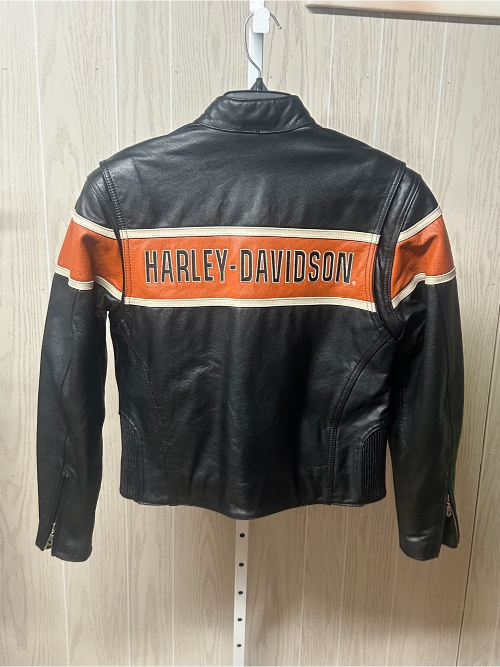 Harley Davidson Womens VICTORY LANE Leather Jacket Orange Stripe Size Small - Picture 7 of 9